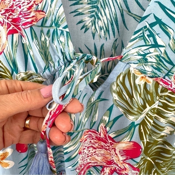 Blue  Island swim coverup or beach dress, 3/4 length sleeves, ruffled - Picture 3 of 11